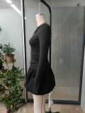 Women Round Neck Long Sleeve Pleated Casual Dress