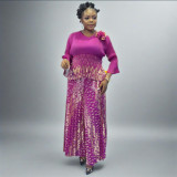 Plus Size Women African pleated Top and printed wide-leg pants Two Piece Set