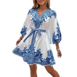 Women Summer Half-Sleeve Lace-Up Dress