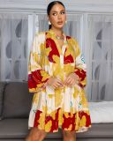 Women Elegant Floral Print V-Neck Patchwork Contrast Color Mini Dress