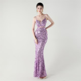 Women tulle Patchwork cross Lace-Up sequined Formal Party evening dress