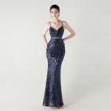 Women tulle Patchwork cross Lace-Up sequined Formal Party evening dress