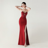 Women herringbone Lace-Up wrapped chest pleated hollow Formal Party evening dress