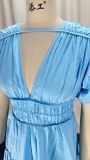 Women Spring V-Neck Zipper Puff Sleeve Hollow Maxi Dress