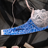 Women summer lace blue and pink leopard print Patchwork contrast color butterfly bra Sexy Lingerie Two Piece Set