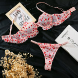 Women Sexy Lace See-Through Heart-shaped flocking Sexy Lingerie Two Piece Set