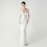 Women beaded cross Lace-Up hollow Patchwork Formal Party evening dress