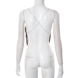 Women Sexy Lace Print Chain Backless Sleeveless Top
