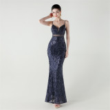 Women See-Through Mesh back cross Lace-Up fishtail sequined evening dress