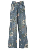 Women American Retro Printed Wide Leg Denim Pants