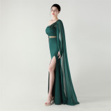 Women Tulle Shawl Beaded Tube Embroidery One Shoulder Evening Dress​