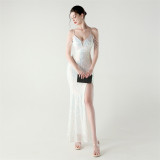 Women Backless Beaded Slit Party Evening Dress
