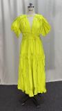 Women Spring V-Neck Zipper Puff Sleeve Hollow Maxi Dress