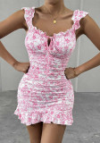 Women Retro Floral Off-shoulder Ruffle Sexy Dress