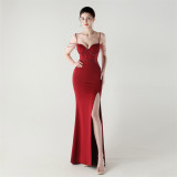 Women lace mesh herringbone Lace-Up beaded Formal Party evening dress