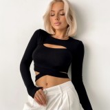 Women Summer Hollow Lace-Up Long Sleeve Round Neck T-shirt Crop Top