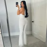 Women's Spring and Summer Deep V-Neck Halter-Neck Lace-Up Low-Back Gathered Bell-Bottom Jumpsuit
