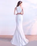Plain Solid Halter Slit Mermaid Evening Dress