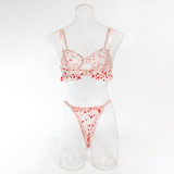 Women Sexy Lace See-Through Heart-shaped flocking Sexy Lingerie Two Piece Set