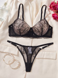 Women hollow mesh flower embroidery gathered bra See-Through Sexy Lingerie Set