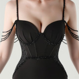 Women lace mesh herringbone Lace-Up beaded Formal Party evening dress