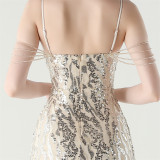 Women Backless Beaded Slit Party Evening Dress