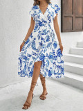 Women Summer Printed Ruffle Short Sleeve Lace Dress