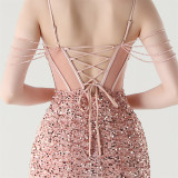Women herringbone Lace-Up wrapped chest formal Formal Party sequined evening dress