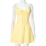 Women Lace Gathered Suspender Lace-Up Dress