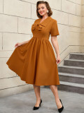 Plus Size Turned-Down Collar Lace-Up Bow Decoration A-Line Dress