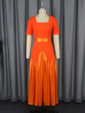 Square-Neck Contrast Patchwork Slim Long Party Evening Dress