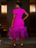 Fashion V-Neck Puff-Sleeve Mesh Patchwork Fashion Fishtail Party Dress