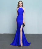 Plain Solid Halter Slit Mermaid Evening Dress