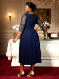 Mesh Patchwork Sequins Round-Neck Pleated A-Line Dress