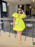 Women Elegant V-Neck Puff Sleeve Pleated Mini Dress