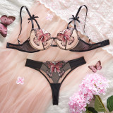 Women mesh butterfly embroidery with steel ring sexy See-Through Sexy Lingerie Set
