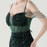 Women herringbone Lace-Up wrapped chest formal Formal Party sequined evening dress