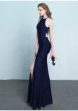 Plain Solid Halter Slit Mermaid Evening Dress