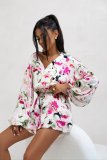 Women Summer V-neck Single-breasted Long Sleeve Jumpsuit