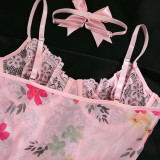 Women Lace Patchwork floral sexy cross Lace-Up body shaper Two Piece Set