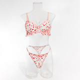 Women Sexy Lace See-Through Heart-shaped flocking Sexy Lingerie Two Piece Set