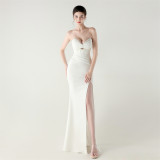 Women herringbone Lace-Up wrapped chest pleated hollow Formal Party evening dress
