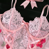 Women Lace Patchwork floral sexy cross Lace-Up body shaper Two Piece Set