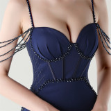Women lace mesh herringbone Lace-Up beaded Formal Party evening dress