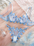 Women French sweet mesh embroidered lace bra See-Through Sexy Lingerie Set