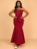Strapless Beaded Fishtail Ruffled Slim Long Evening Dress