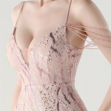 Women Backless Beaded Slit Party Evening Dress