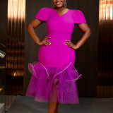 Fashion V-Neck Puff-Sleeve Mesh Patchwork Fashion Fishtail Party Dress
