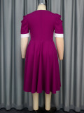 Plus Size Contrast Color Round-Neck Short-Sleeve Elegant Party Cocktail A-Line Dress