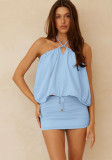 Women's Summer Off-Shoulder Halter-Neck Top Pleated Bodycon Skirt Two-Piece Set